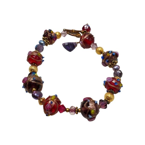 Artisan Wedding Cake Glass Bead Bracelet 22k GF Hand Blown Toggle Clasp Red - Picture 9 of 16